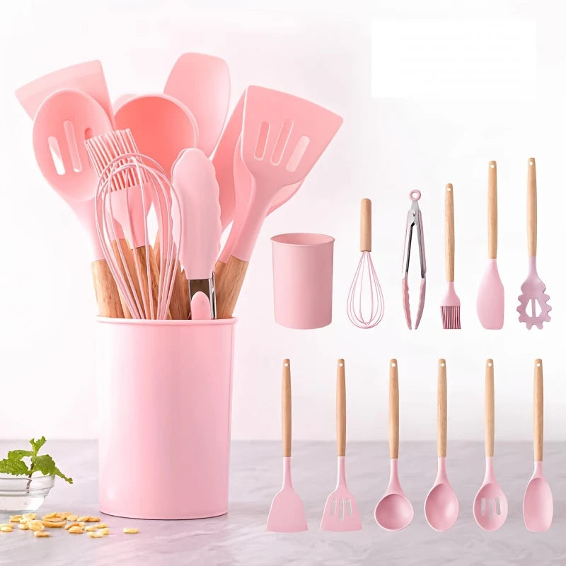 12pcs, Non-Stick Silicone Kitchen Utensil Set with Wooden Handles