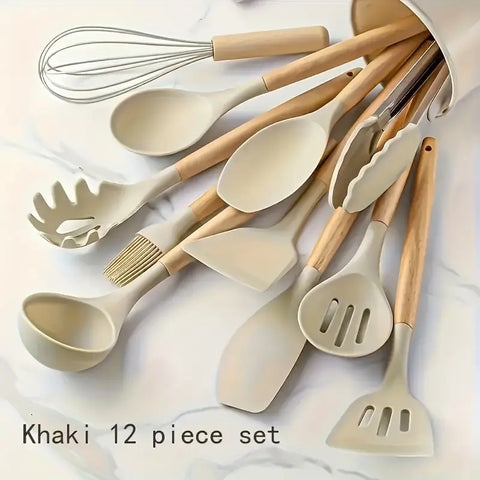 12pcs, Non-Stick Silicone Kitchen Utensil Set with Wooden Handles