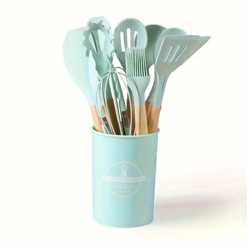 12pcs, Non-Stick Silicone Kitchen Utensil Set with Wooden Handles