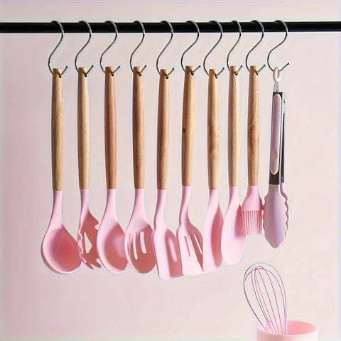 12pcs, Non-Stick Silicone Kitchen Utensil Set with Wooden Handles