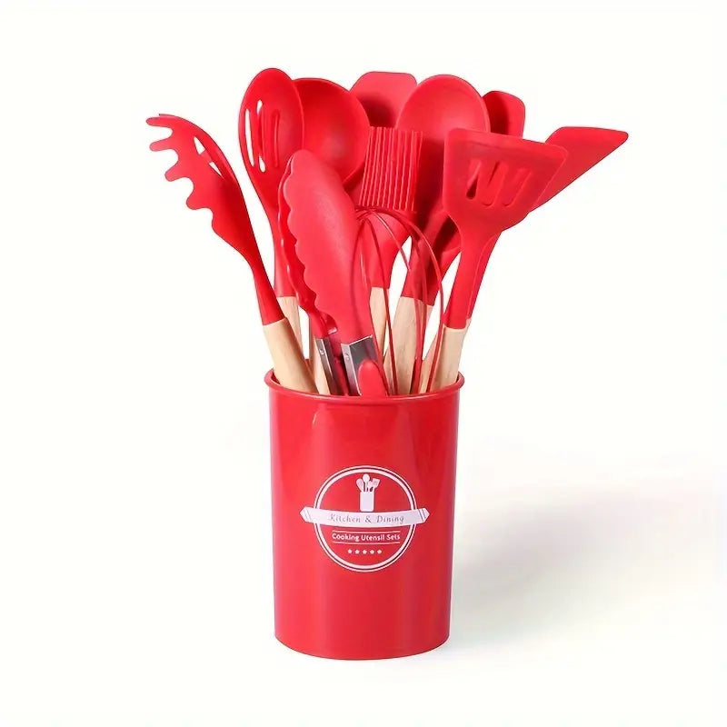 12pcs, Non-Stick Silicone Kitchen Utensil Set with Wooden Handles