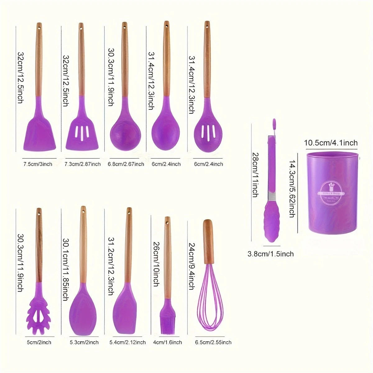 12pcs, Non-Stick Silicone Kitchen Utensil Set with Wooden Handles