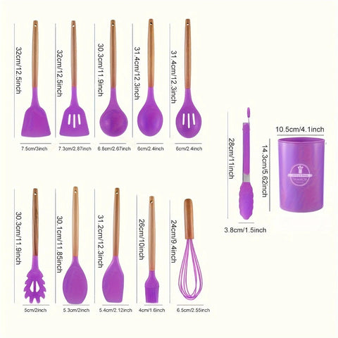 12pcs, Non-Stick Silicone Kitchen Utensil Set with Wooden Handles