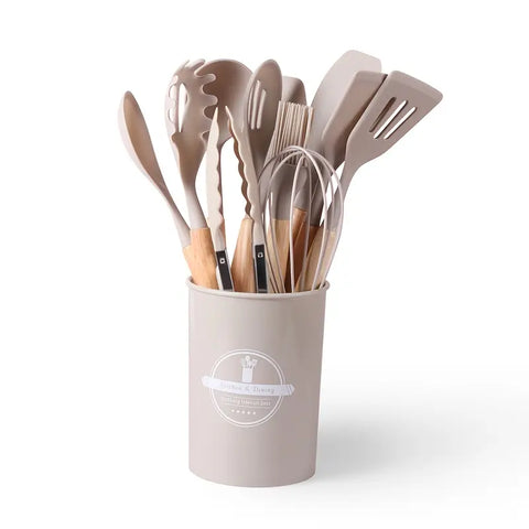 12pcs, Non-Stick Silicone Kitchen Utensil Set with Wooden Handles