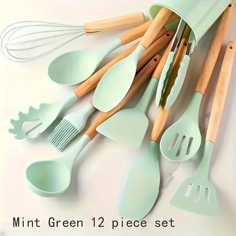 12pcs, Non-Stick Silicone Kitchen Utensil Set with Wooden Handles