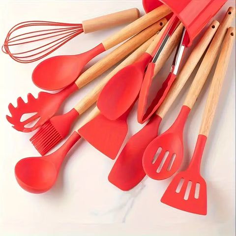 12pcs, Non-Stick Silicone Kitchen Utensil Set with Wooden Handles