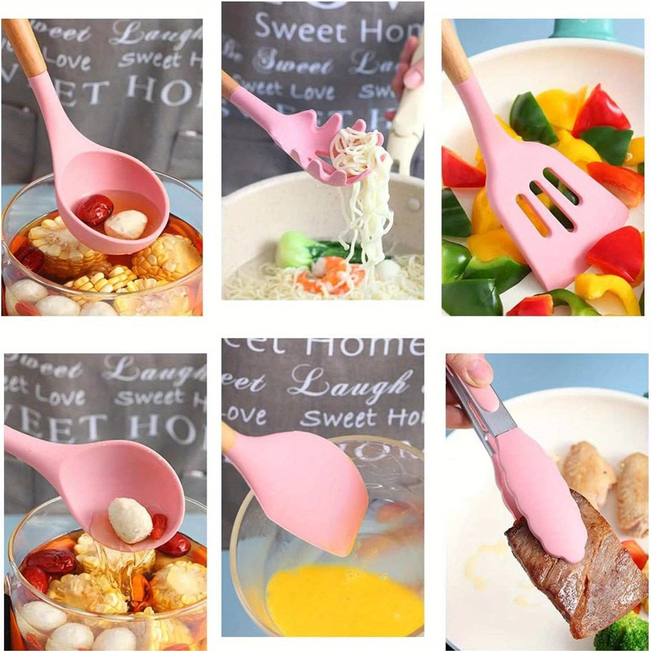 12pcs, Non-Stick Silicone Kitchen Utensil Set with Wooden Handles