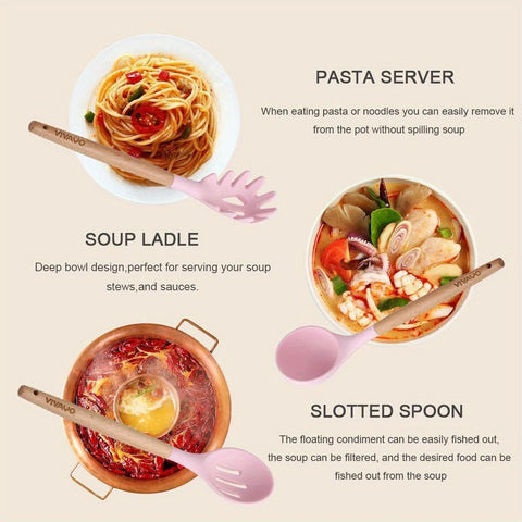 12pcs, Non-Stick Silicone Kitchen Utensil Set with Wooden Handles