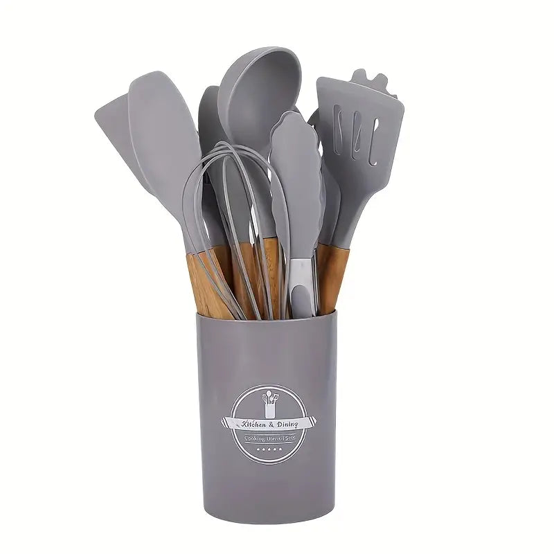 12pcs, Non-Stick Silicone Kitchen Utensil Set with Wooden Handles