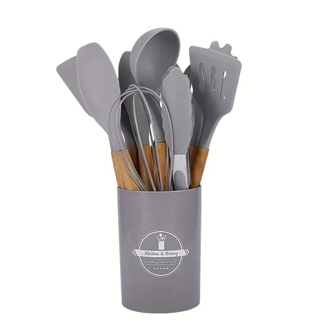 12pcs, Non-Stick Silicone Kitchen Utensil Set with Wooden Handles