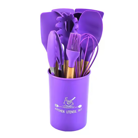 12pcs, Non-Stick Silicone Kitchen Utensil Set with Wooden Handles