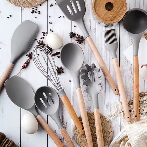 12pcs, Non-Stick Silicone Kitchen Utensil Set with Wooden Handles