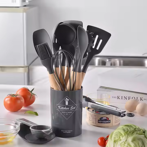 12pcs, Non-Stick Silicone Kitchen Utensil Set with Wooden Handles