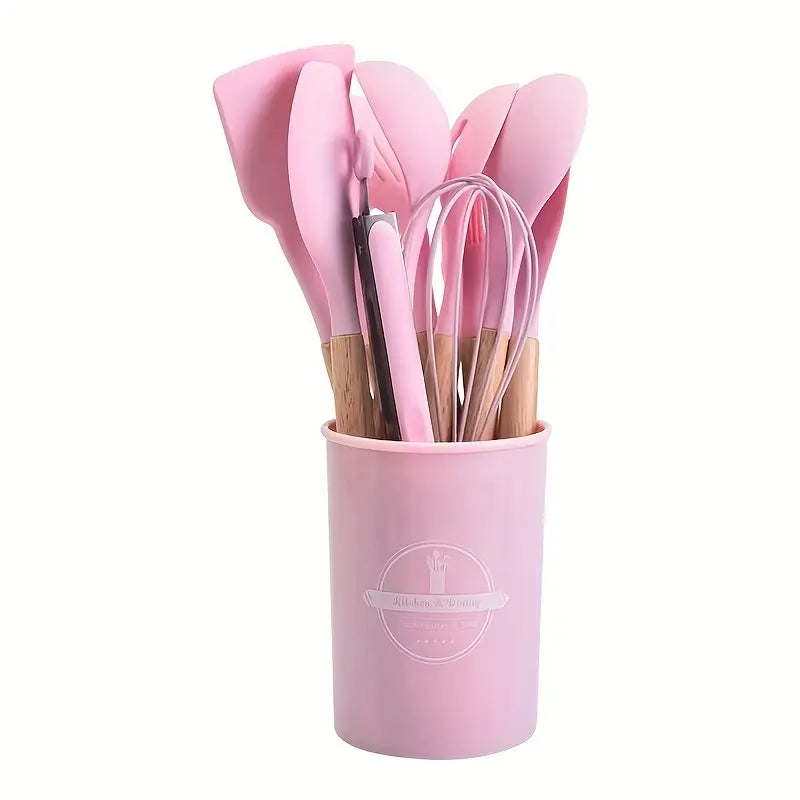 12pcs, Non-Stick Silicone Kitchen Utensil Set with Wooden Handles
