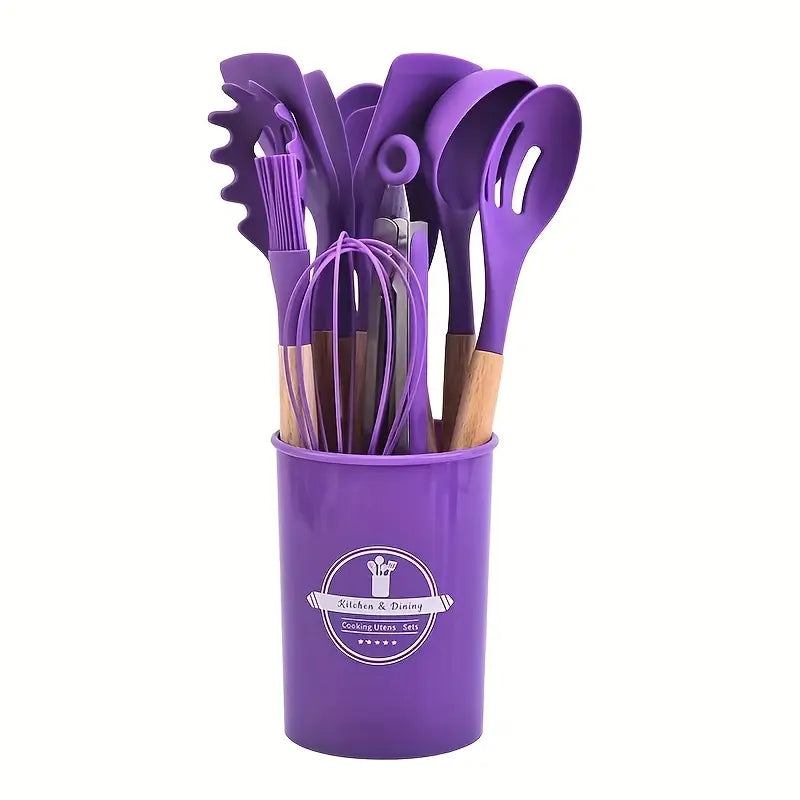 12pcs, Non-Stick Silicone Kitchen Utensil Set with Wooden Handles