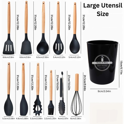 12pcs, Non-Stick Silicone Kitchen Utensil Set with Wooden Handles