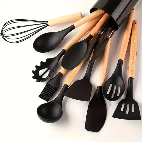 12pcs, Non-Stick Silicone Kitchen Utensil Set with Wooden Handles
