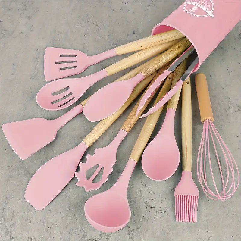 12pcs, Non-Stick Silicone Kitchen Utensil Set with Wooden Handles