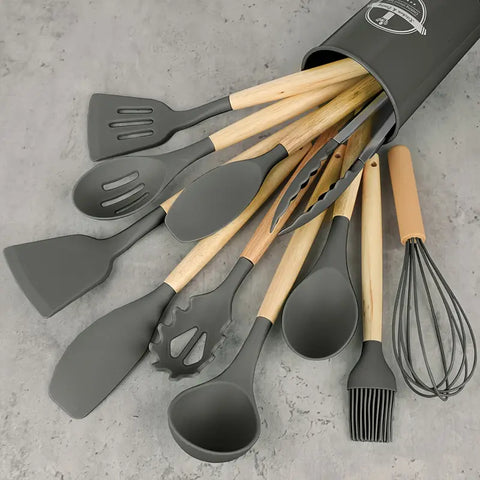 12pcs, Non-Stick Silicone Kitchen Utensil Set with Wooden Handles