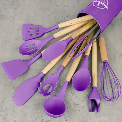 12pcs, Non-Stick Silicone Kitchen Utensil Set with Wooden Handles